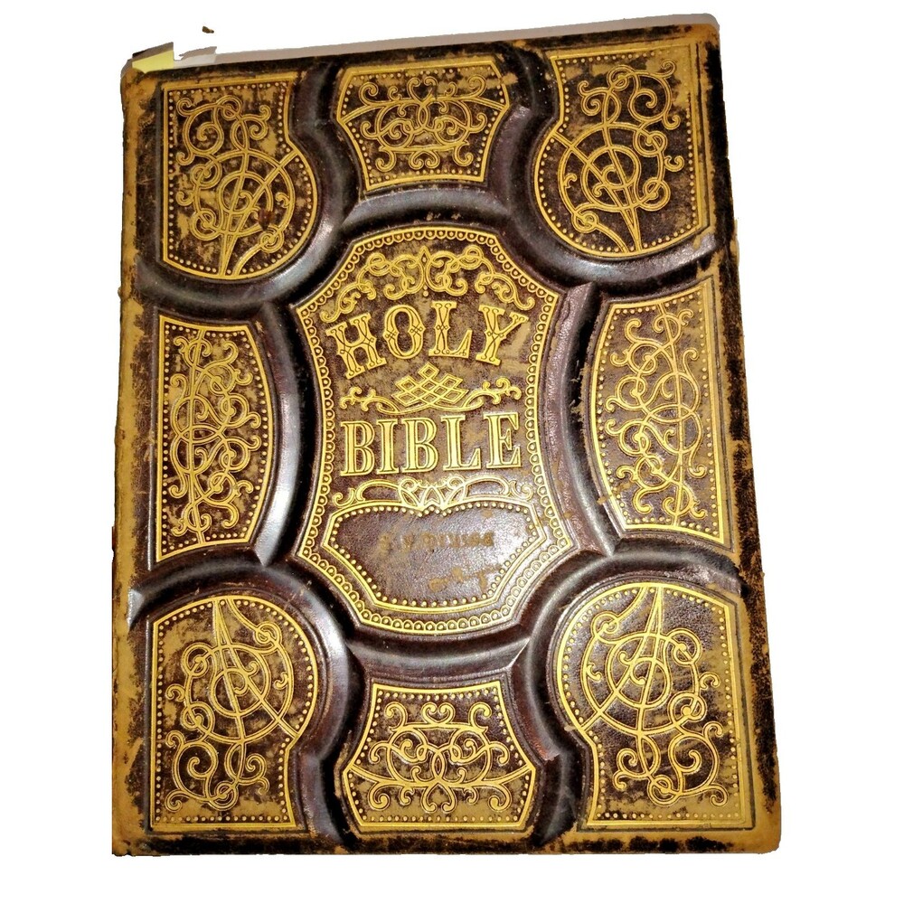 Antique 1872 Bible N/T O/T + Apocrypha Collier family records w/ Ephemera. Fair